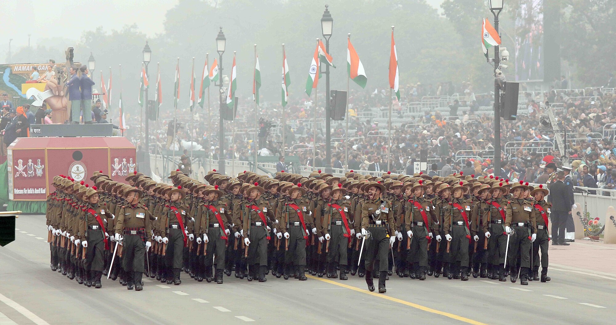 Soldiers marching in perfect formation during the Jaipur Army Day Parade